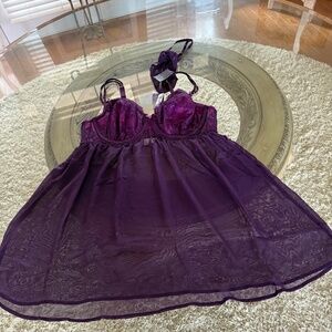 Cacique Womens 18/20 Babydoll Nightie Purple Lace Lingerie 2 Piece Set Thong NWT